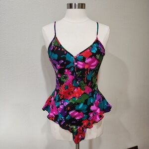 RENE ROFE Vintage Floral 100% Silk Ruffle Lingerie One Piece Bodysuit 80s size M